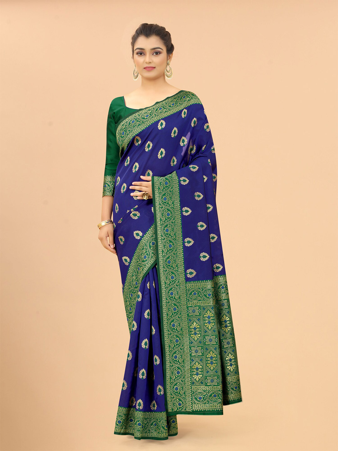 

SATYAM WEAVES Blue & Green Ethnic Motifs Zari Silk Cotton Banarasi Saree