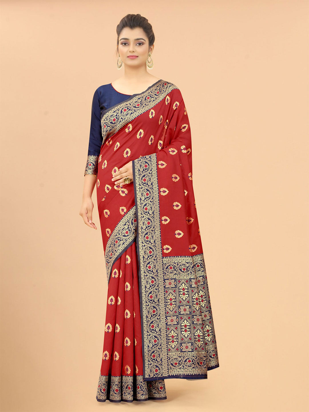 

SATYAM WEAVES Red & Black Woven Design Zari Silk Cotton Banarasi Saree