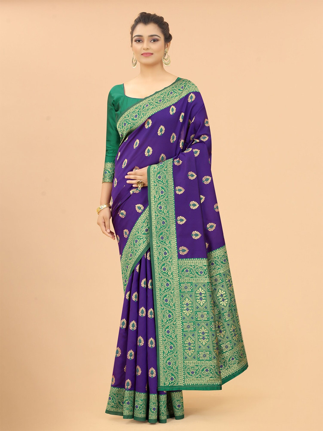 

SATYAM WEAVES Purple & Green Woven Design Zari Silk Cotton Banarasi Saree