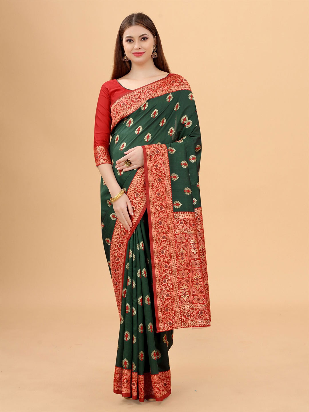 

SATYAM WEAVES Green & Red Woven Design Silk Cotton Banarasi Saree