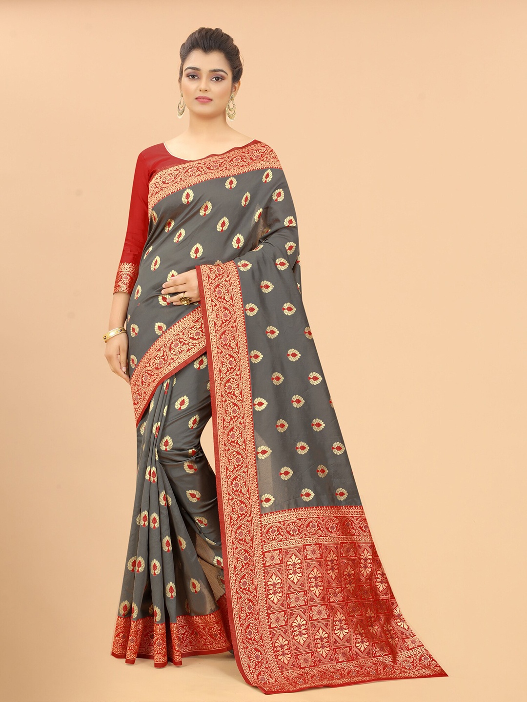 

SATYAM WEAVES Grey & Red Woven Design Zari Silk Cotton Banarasi Saree