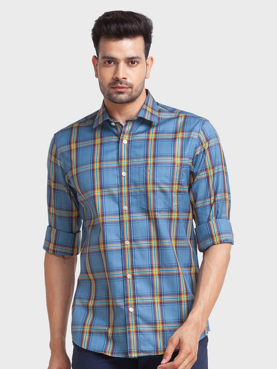 

ColorPlus Men Blue Tailored Fit Checked Casual Shirt