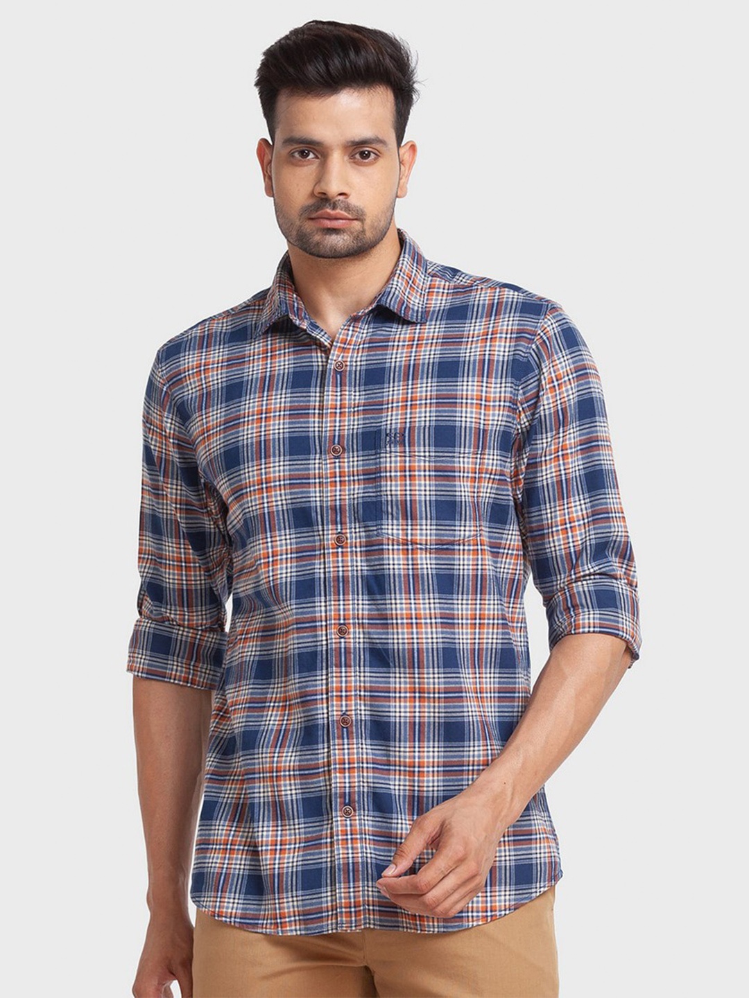

ColorPlus Men Blue Tailored Fit Tartan Checks Checked Casual Shirt