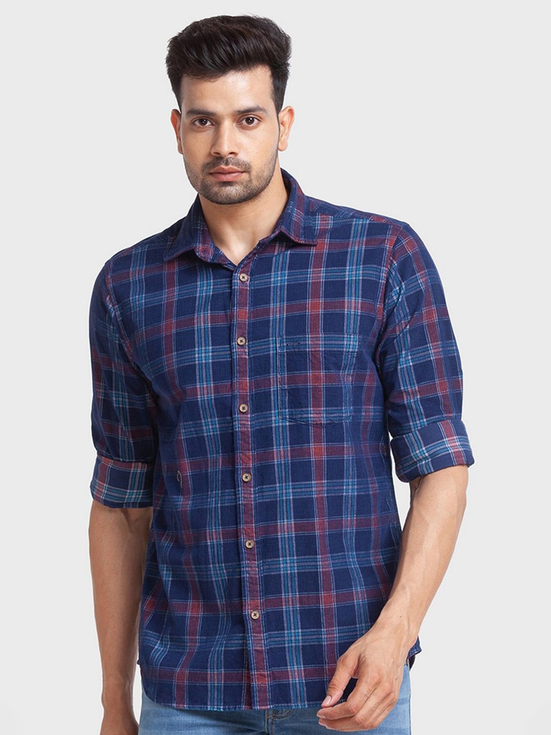 

ColorPlus Men Blue Tailored Fit Tartan Checks Checked Casual Shirt