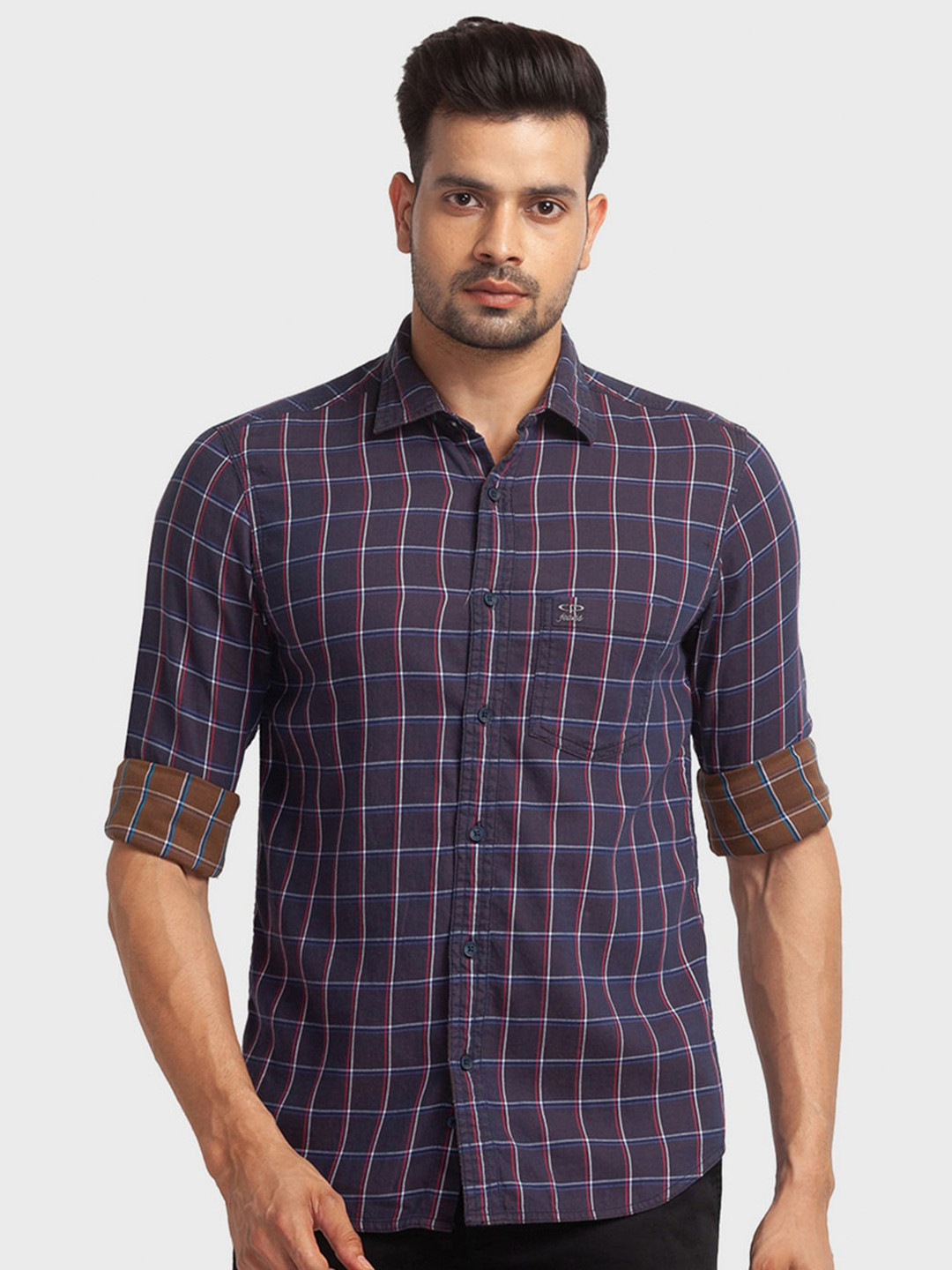 

ColorPlus Men Blue Tailored Fit Windowpane Checked Casual Shirt