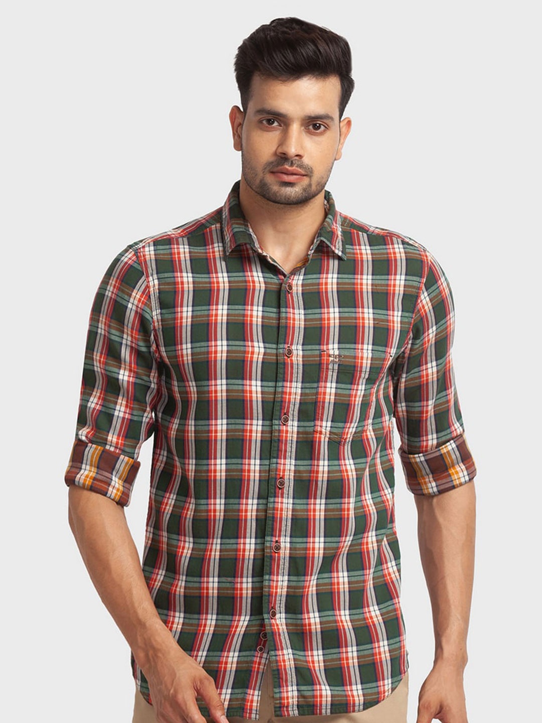 

ColorPlus Men Brown Tailored Fit Tartan Checks Checked Cotton Casual Shirt, Green