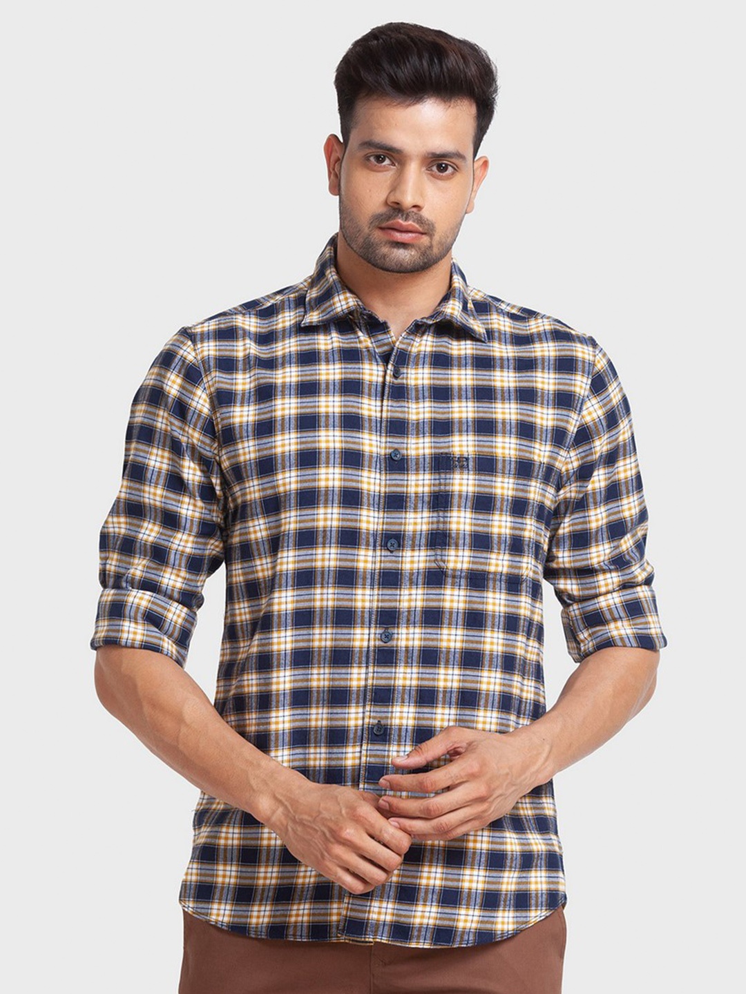 

ColorPlus Men Blue Tailored Fit Tartan Checks Checked Organic Cotton Casual Shirt