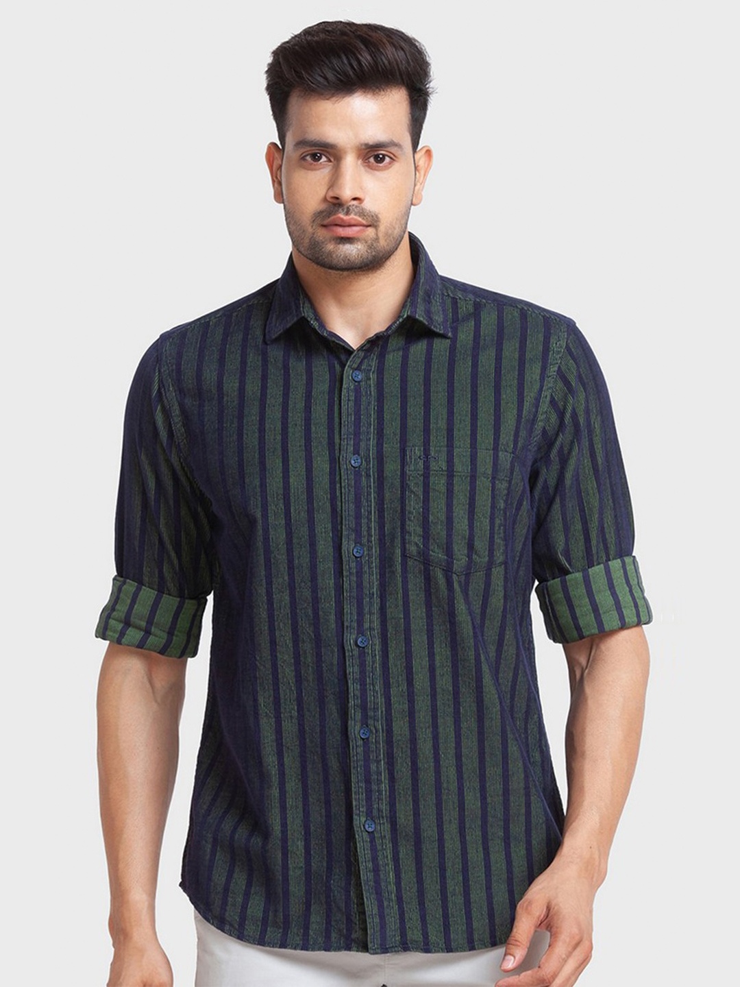 

ColorPlus Men Green Tailored Fit Striped Casual Shirt