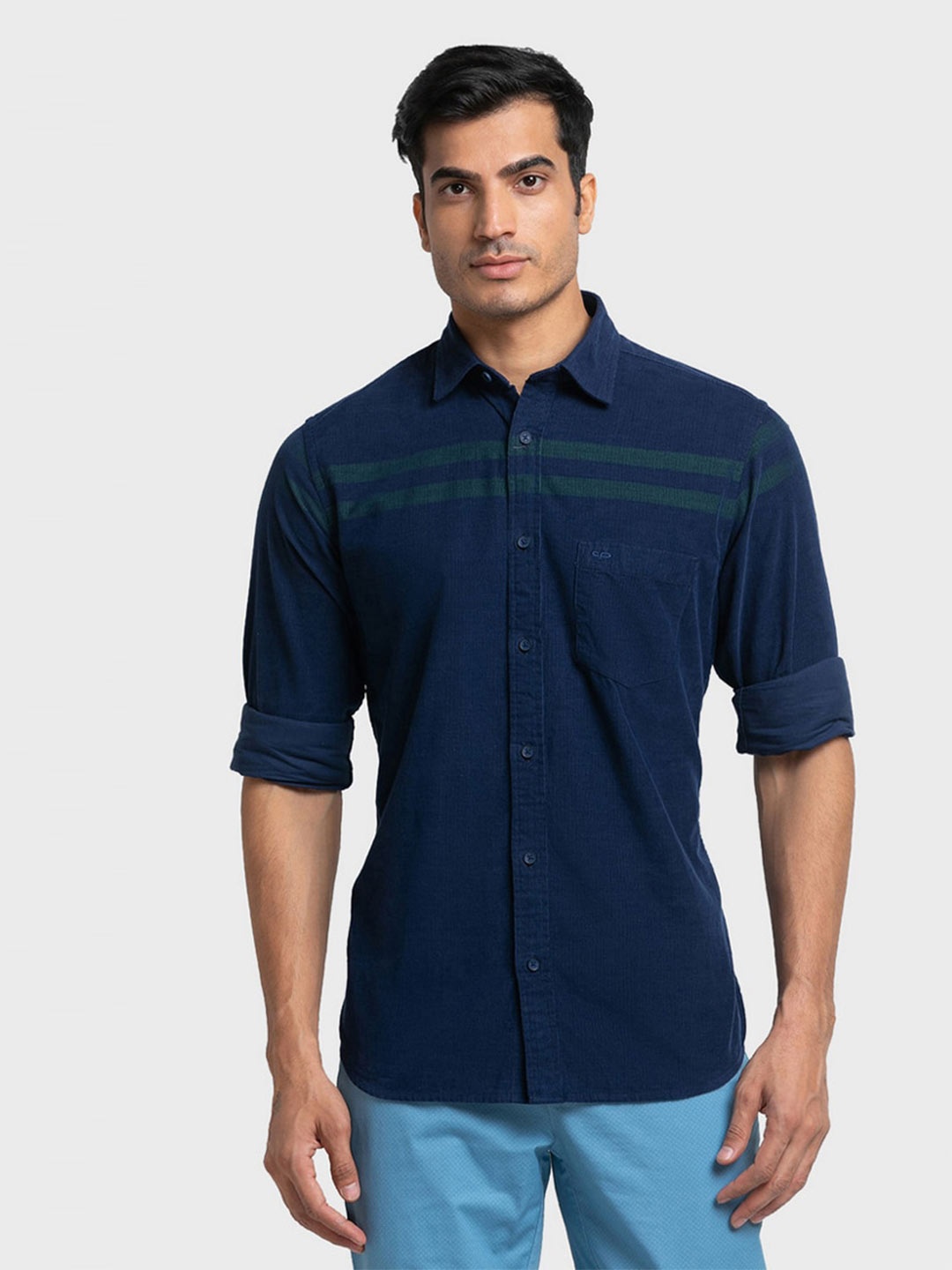 

ColorPlus Men Blue Tailored Fit Horizontal Stripes Casual Shirt