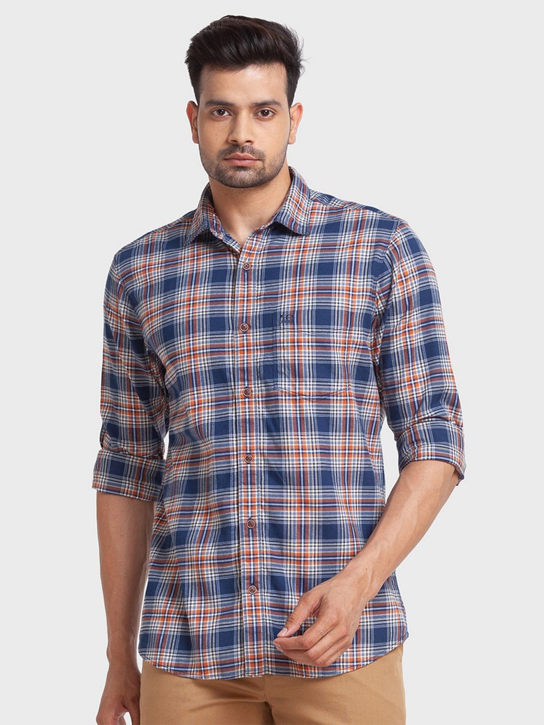 

ColorPlus Men Blue Tailored Fit Tartan Checks Checked Organic Cotton Casual Shirt