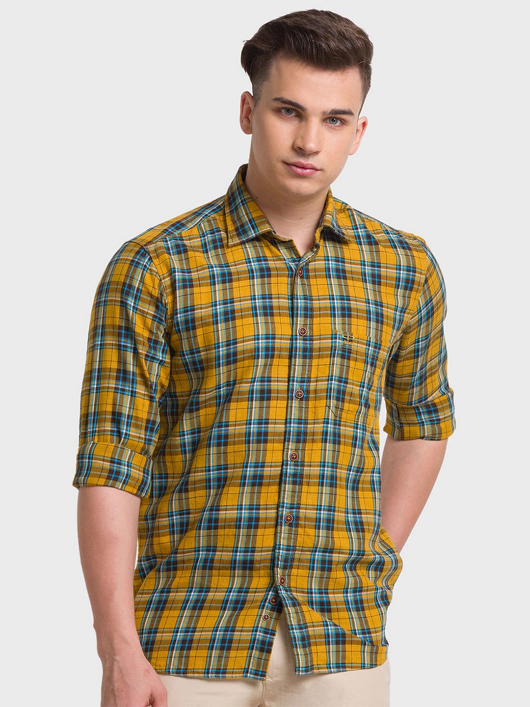 

ColorPlus Men Yellow Tailored Fit Tartan Checks Checked Casual Shirt