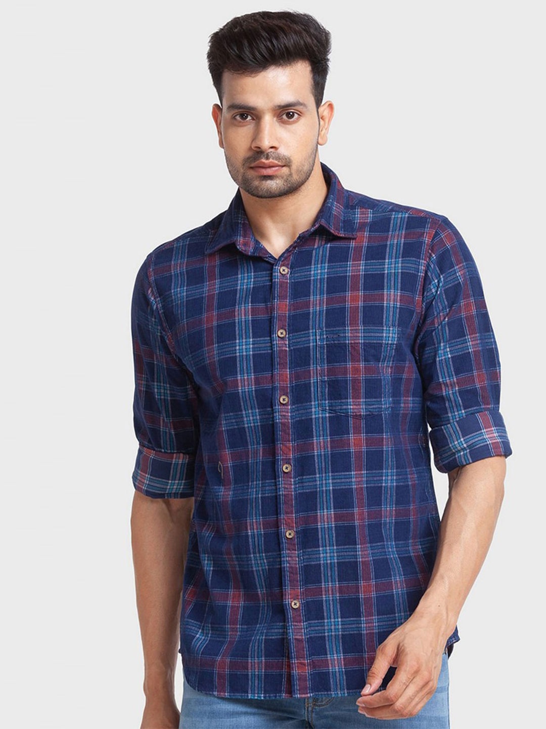 

ColorPlus Men Blue Checked Organic Cotton Tailored Fit Casual Shirt