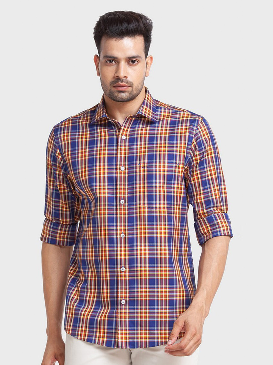 

ColorPlus Men Yellow Checked Organic Cotton Tailored Fit Casual Shirt