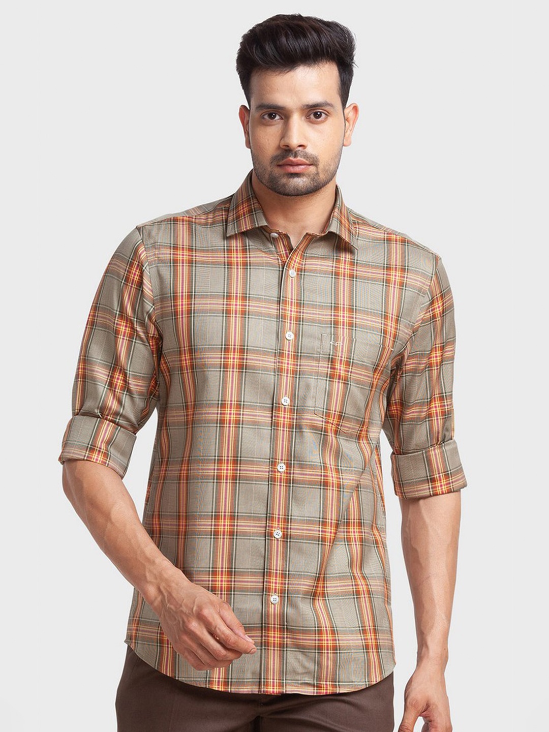 

ColorPlus Men Green Checked Organic Cotton Tailored Fit Casual Shirt