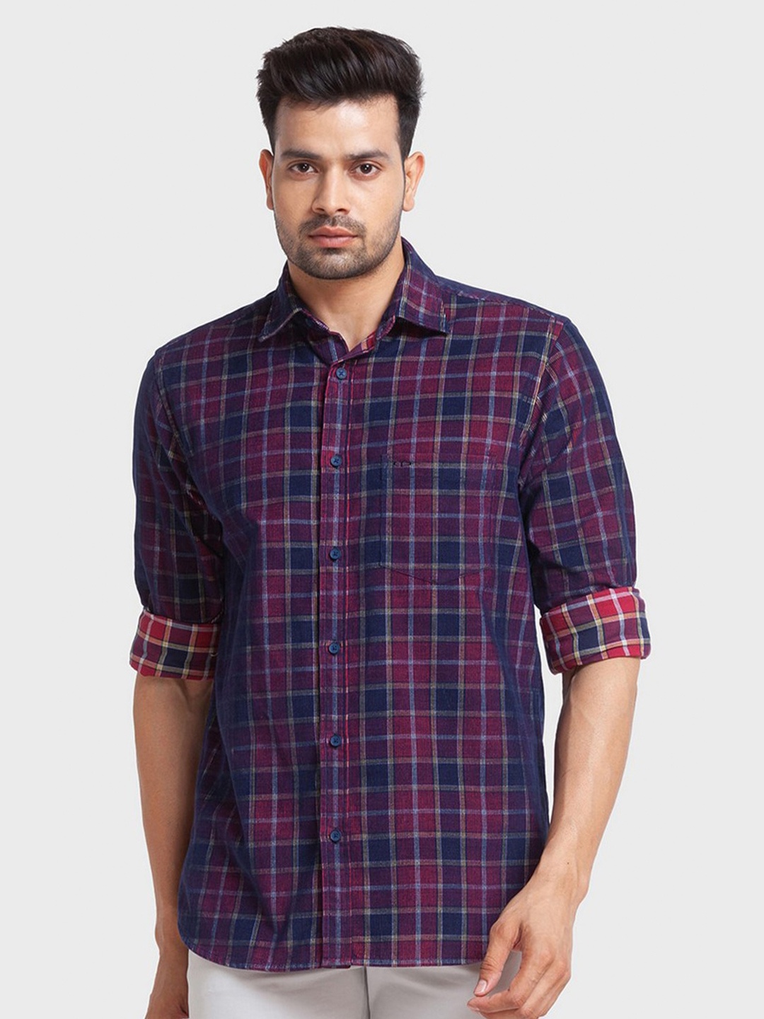 

ColorPlus Men Red Checked Organic Cotton Tailored Fit Casual Shirt