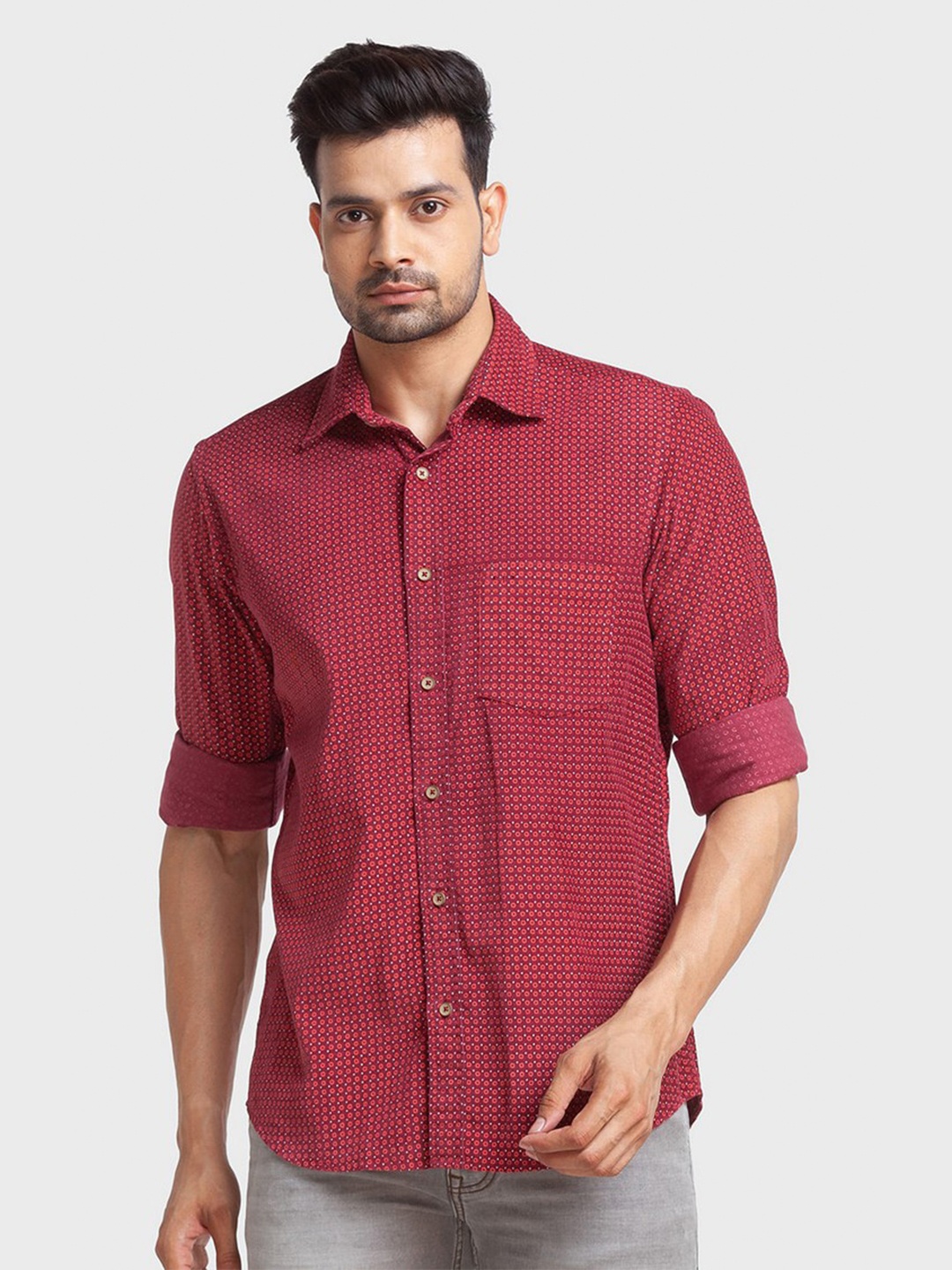 

ColorPlus Men Red Printed Organic Cotton Tailored Fit Casual Shirt
