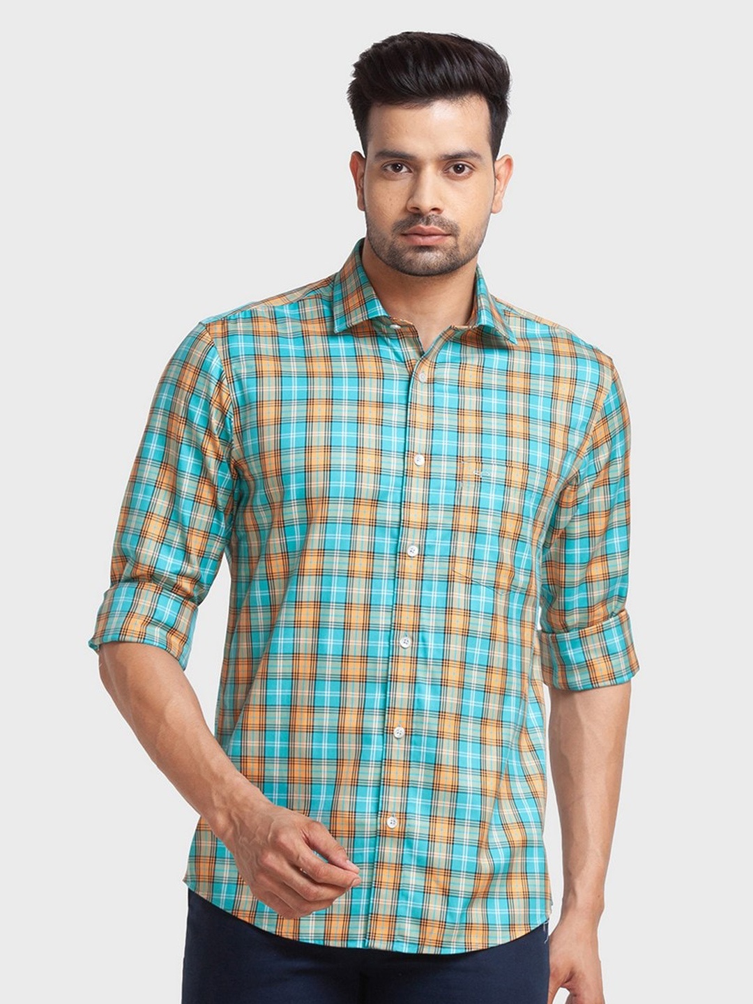 

ColorPlus Men Blue & Orange Checked Organic Cotton Tailored Fit Casual Shirt
