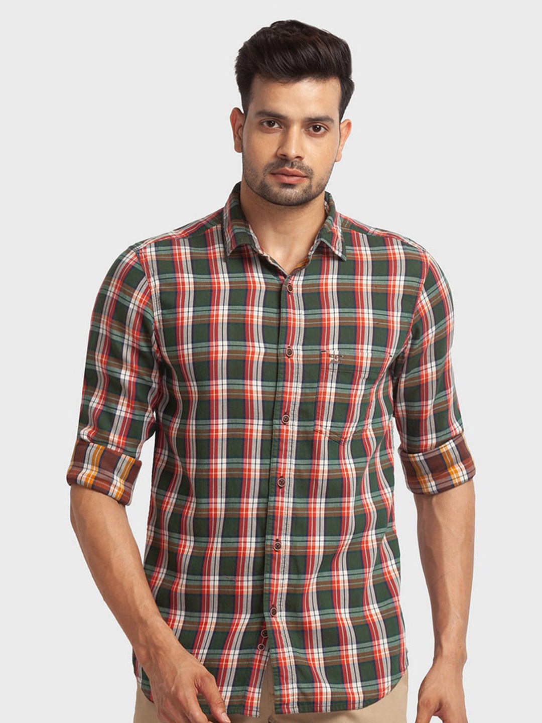 

ColorPlus Men Green & Brown Checked Organic Cotton Tailored Fit Casual Shirt