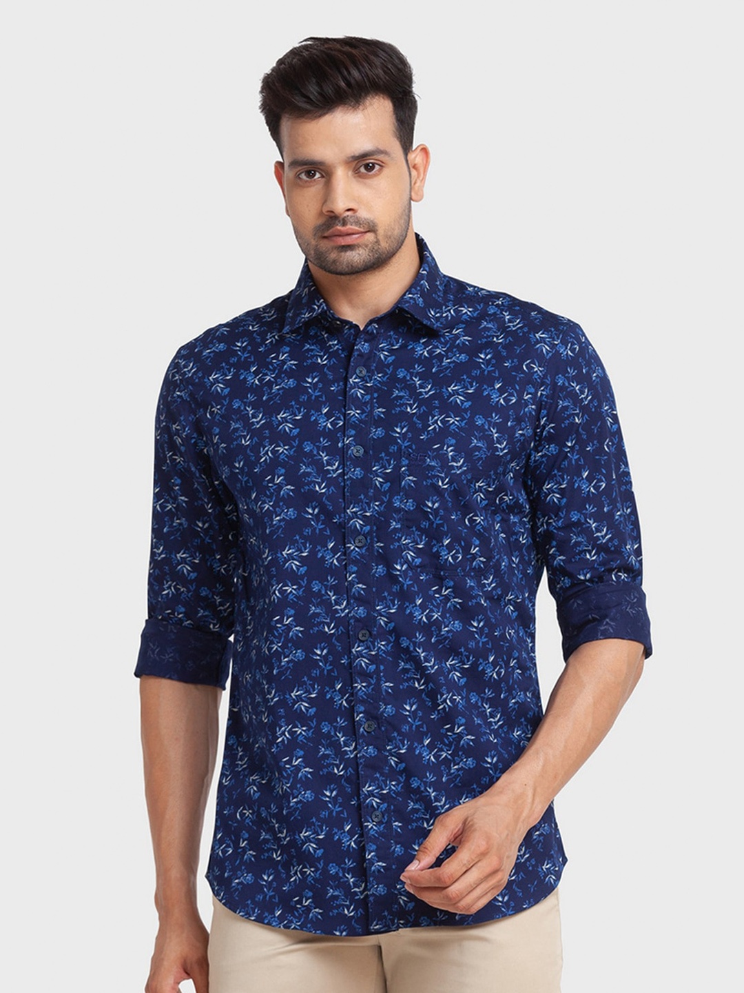 

ColorPlus Men Blue Tailored Fit Floral Printed Organic Cotton Casual Shirt