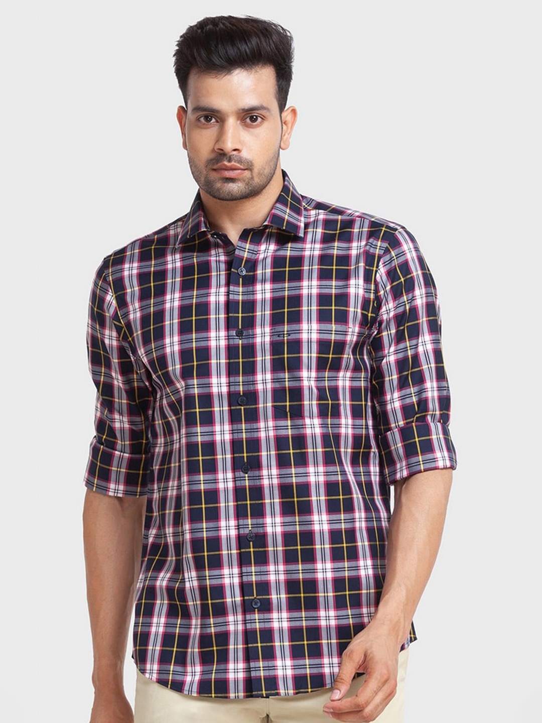 

ColorPlus Men Navy Blue Tailored Fit Tartan Checked Organic Cotton Casual Shirt
