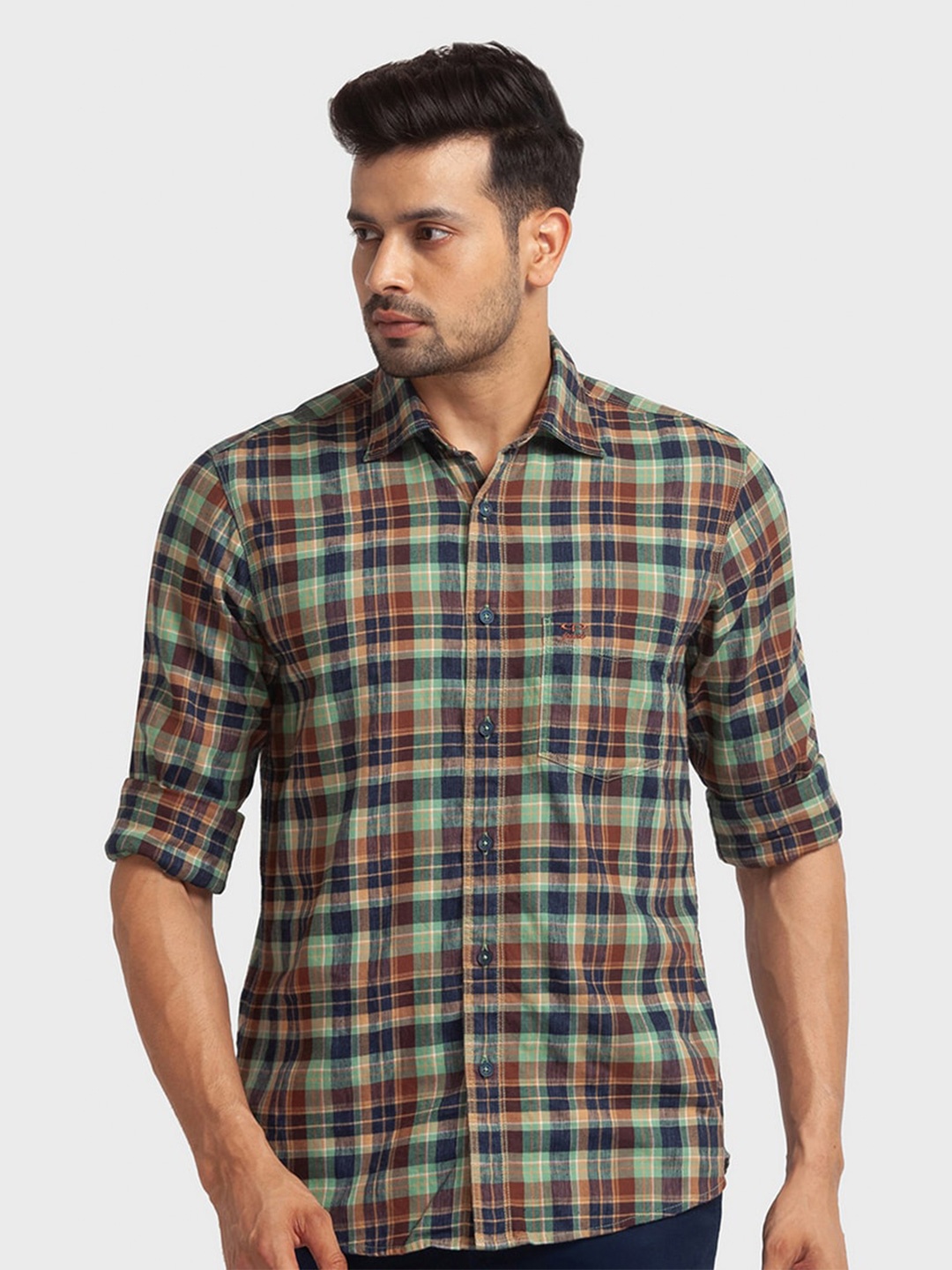 

ColorPlus Men Green Tailored Fit Tartan Checked Organic Cotton Casual Shirt