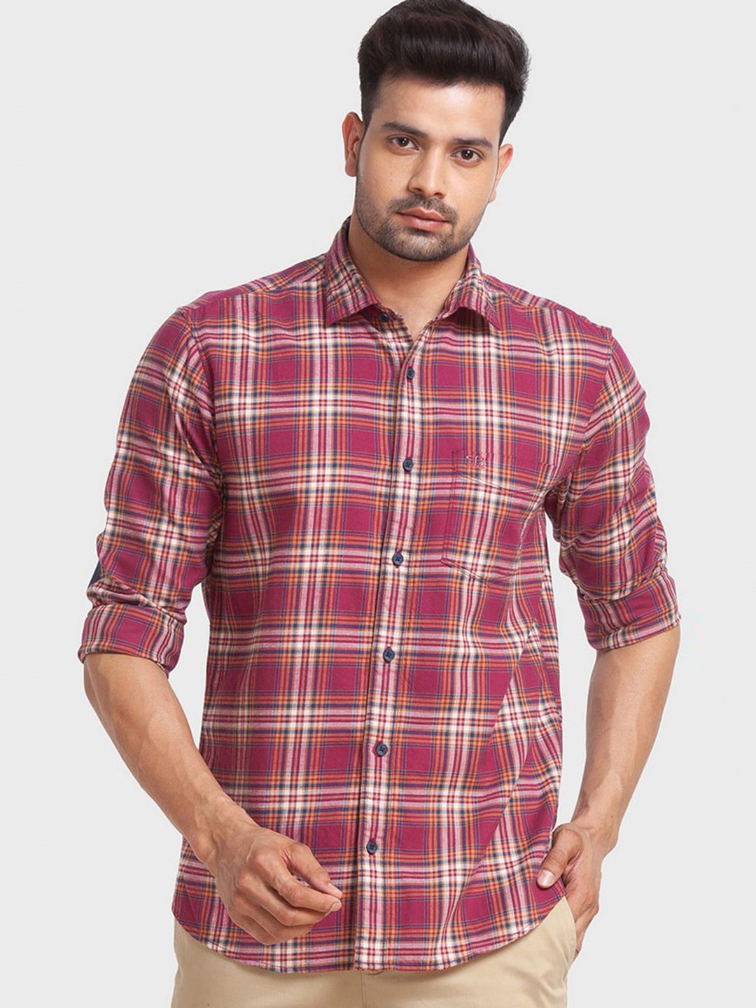 

ColorPlus Men Purple Tailored Fit Tartan Checked Organic Cotton Casual Shirt