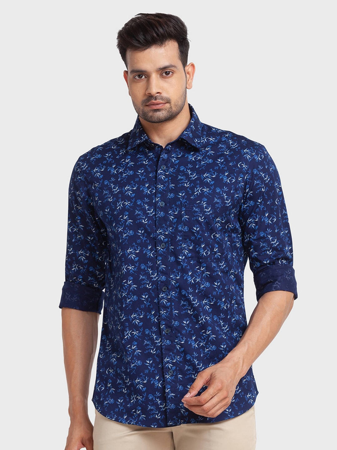 

ColorPlus Men Blue Tailored Fit Floral Printed Organic Cotton Casual Shirt