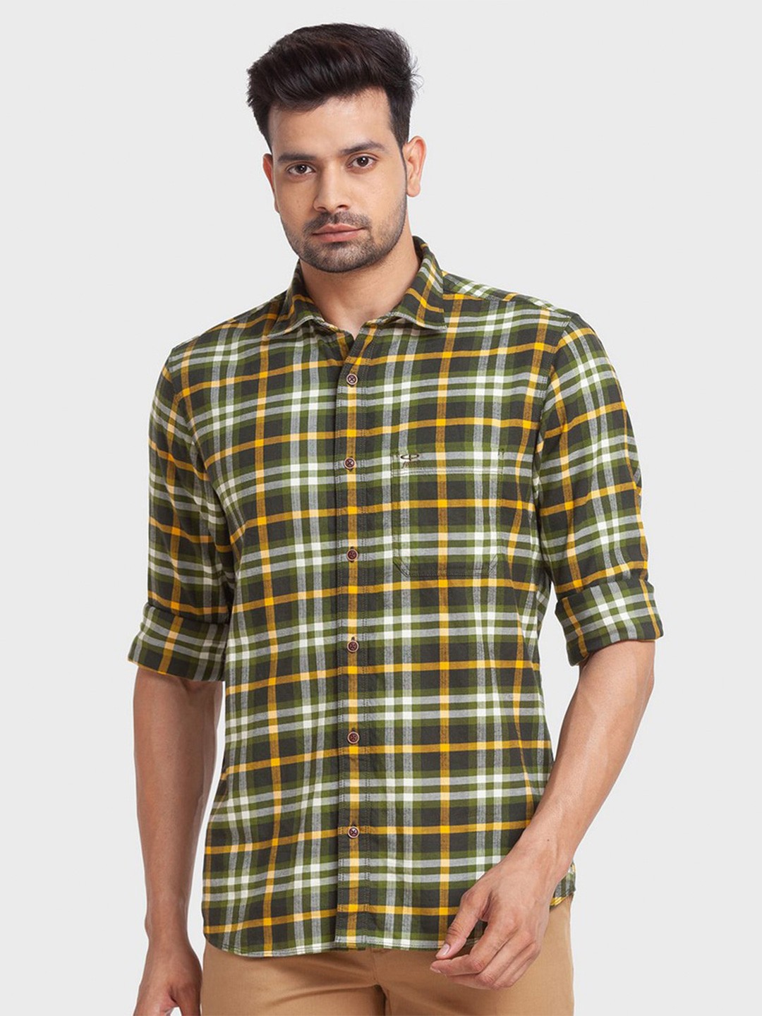 

ColorPlus Men Green Tailored Fit Tartan Checked Organic Cotton Casual Shirt