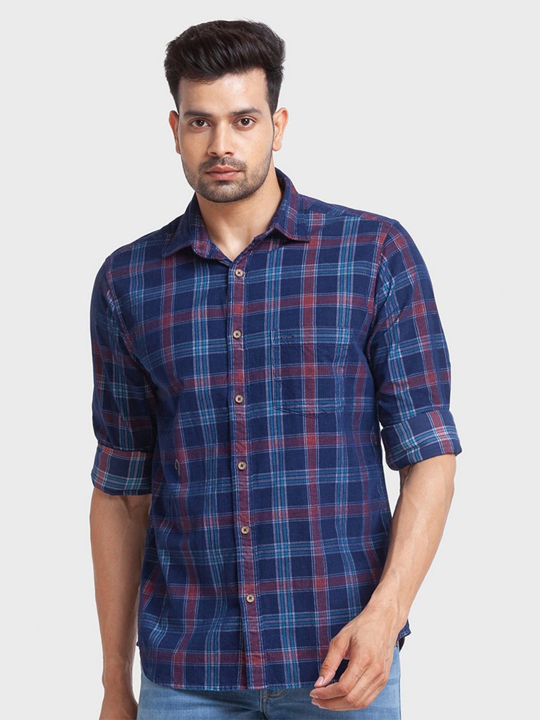 

ColorPlus Men Blue Tailored Fit Tartan Checked Organic Cotton Casual Shirt