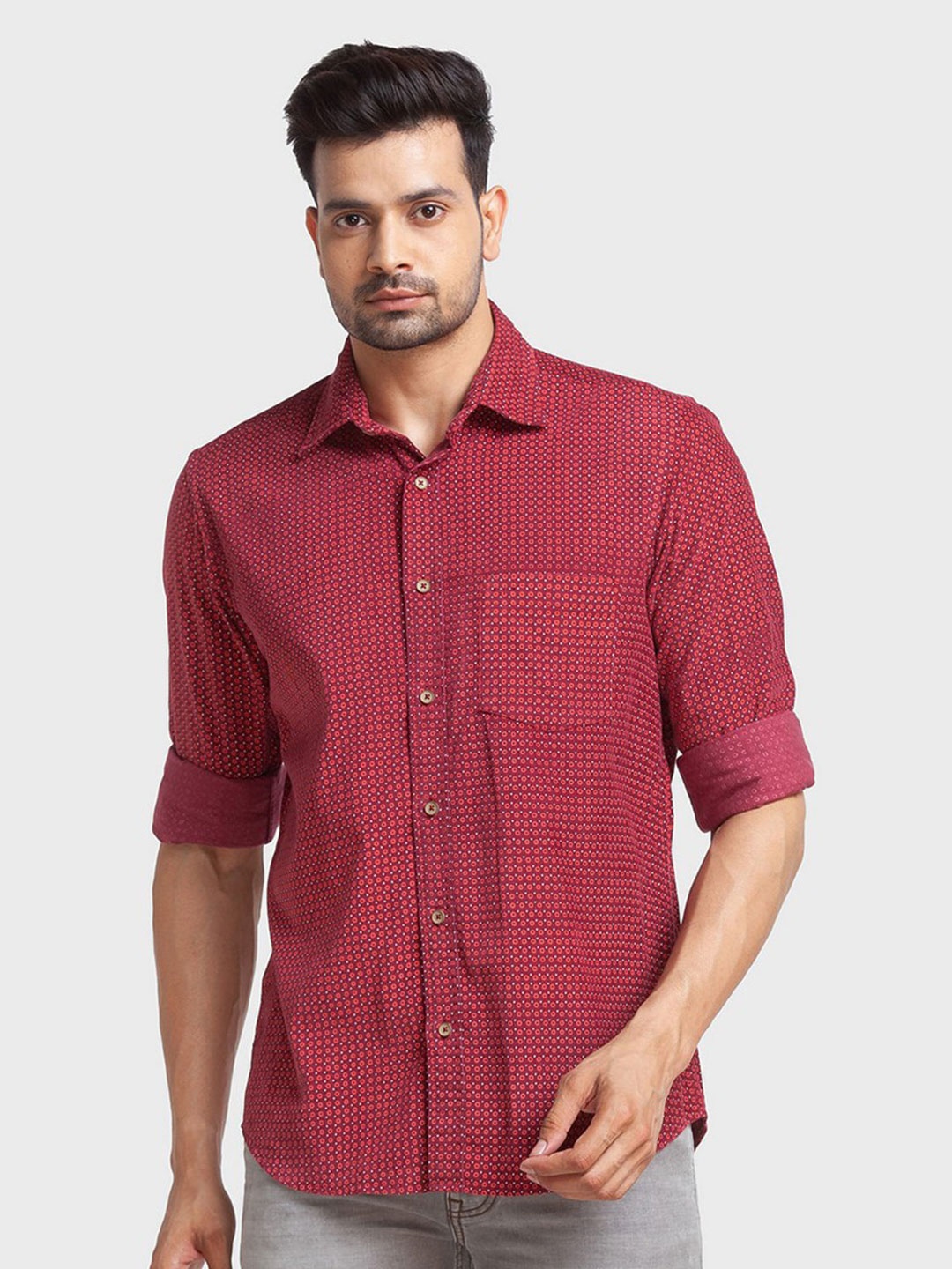 

ColorPlus Men Red Tailored Fit Printed Organic Cotton Casual Shirt