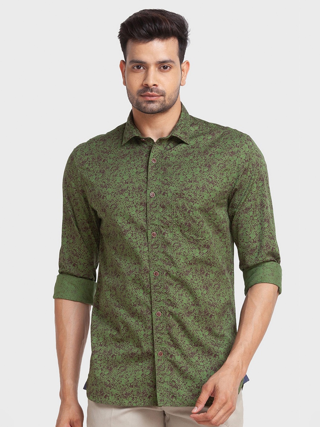 

ColorPlus Men Green Tailored Fit Floral Printed Organic Cotton Casual Shirt