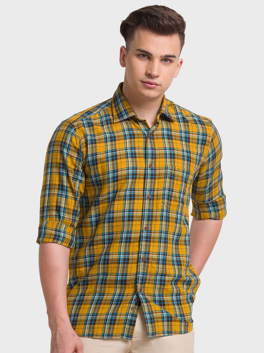 

ColorPlus Men Yellow Tailored Fit Tartan Checked Organic Cotton Casual Shirt