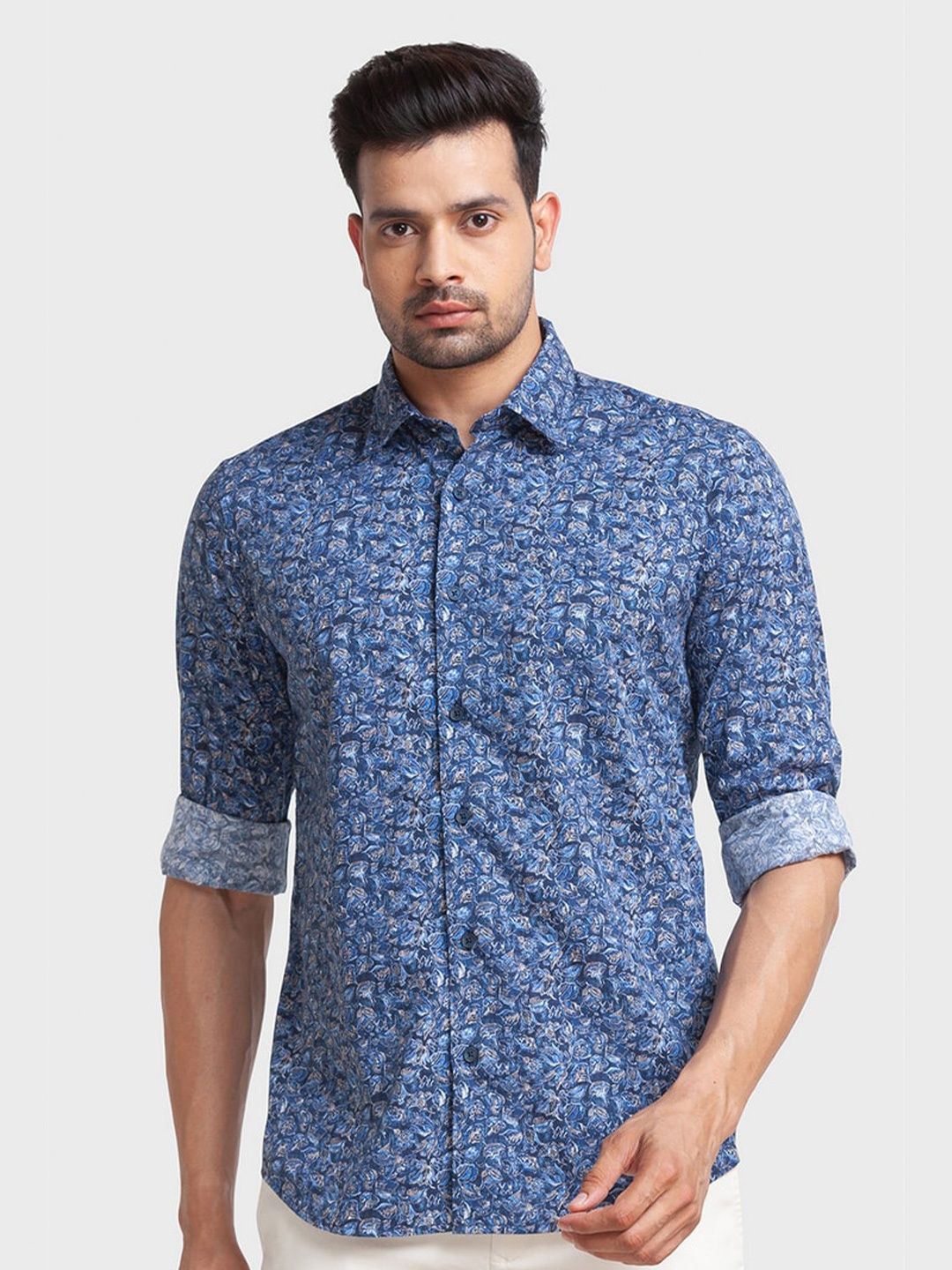 

ColorPlus Men Blue Tailored Fit Floral Printed Organic Cotton Casual Shirt