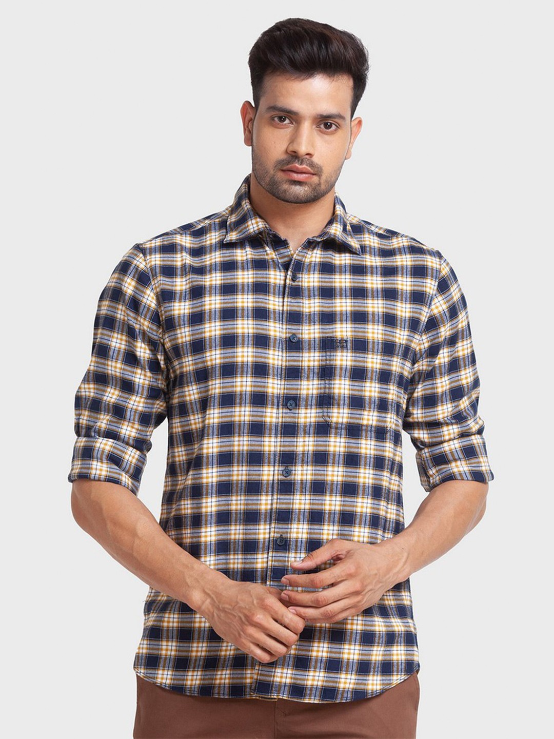 

ColorPlus Men Blue Tailored Fit Checked Organic Cotton Casual Shirt