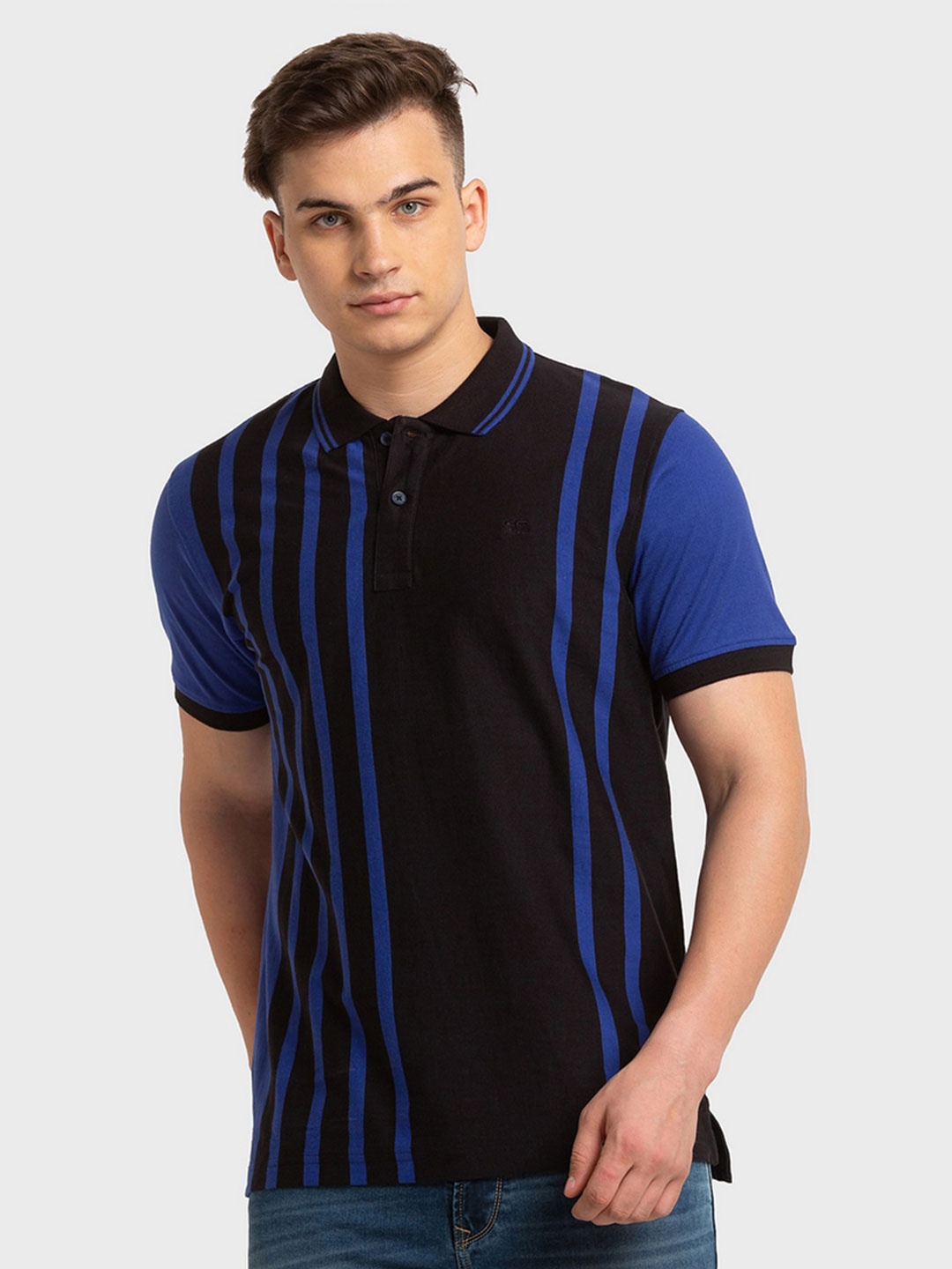 

ColorPlus Men Black & Blue Striped Polo Collar Organic Cotton Slim Fit T-shirt