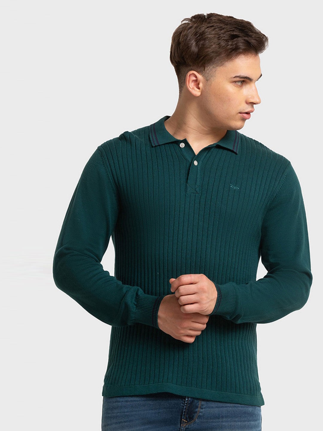 

ColorPlus Men Green Striped Polo Collar Organic Cotton Slim Fit T-shirt