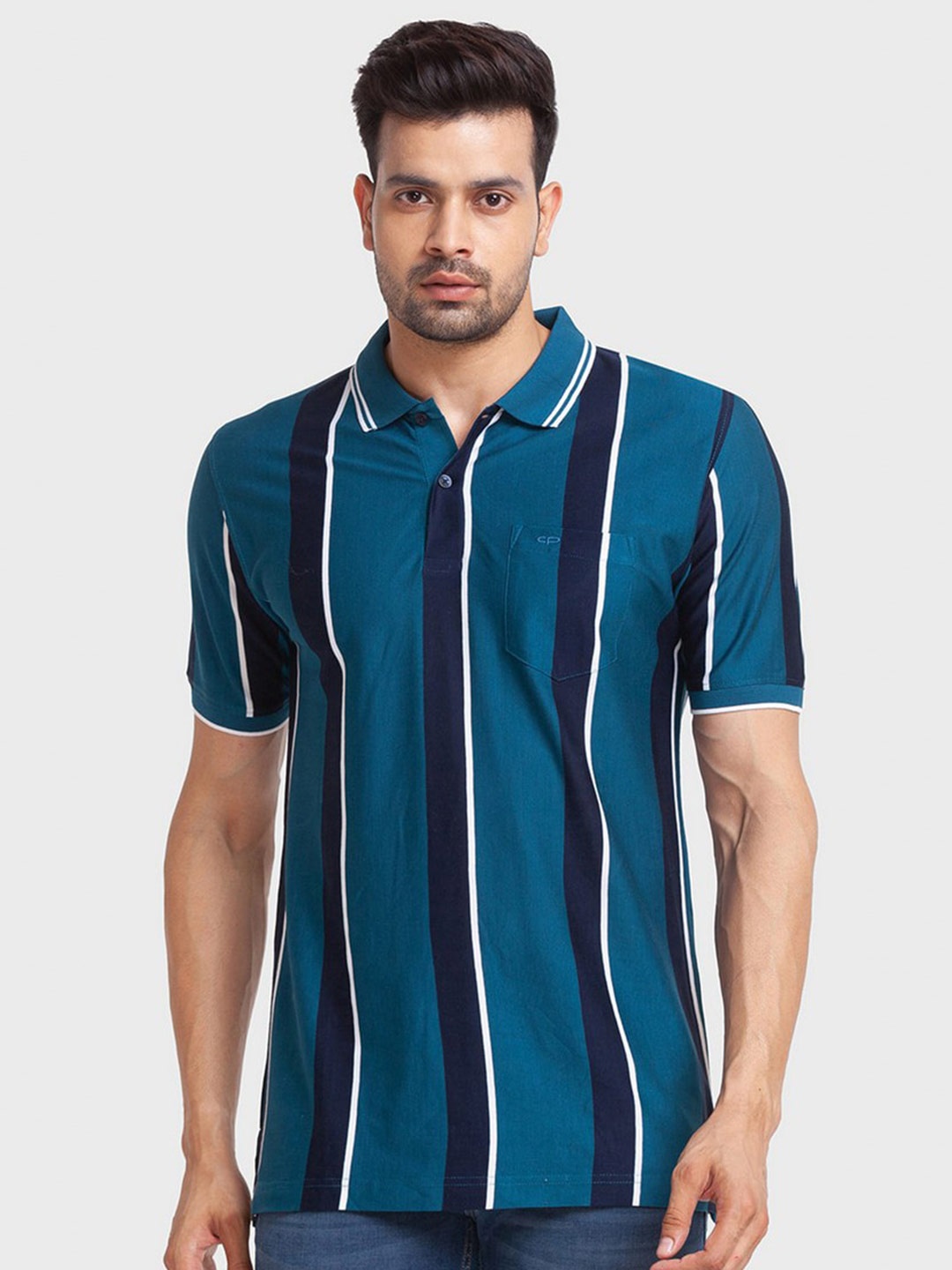 

ColorPlus Men Blue Striped Polo Collar Organic Cotton Slim Fit T-shirt