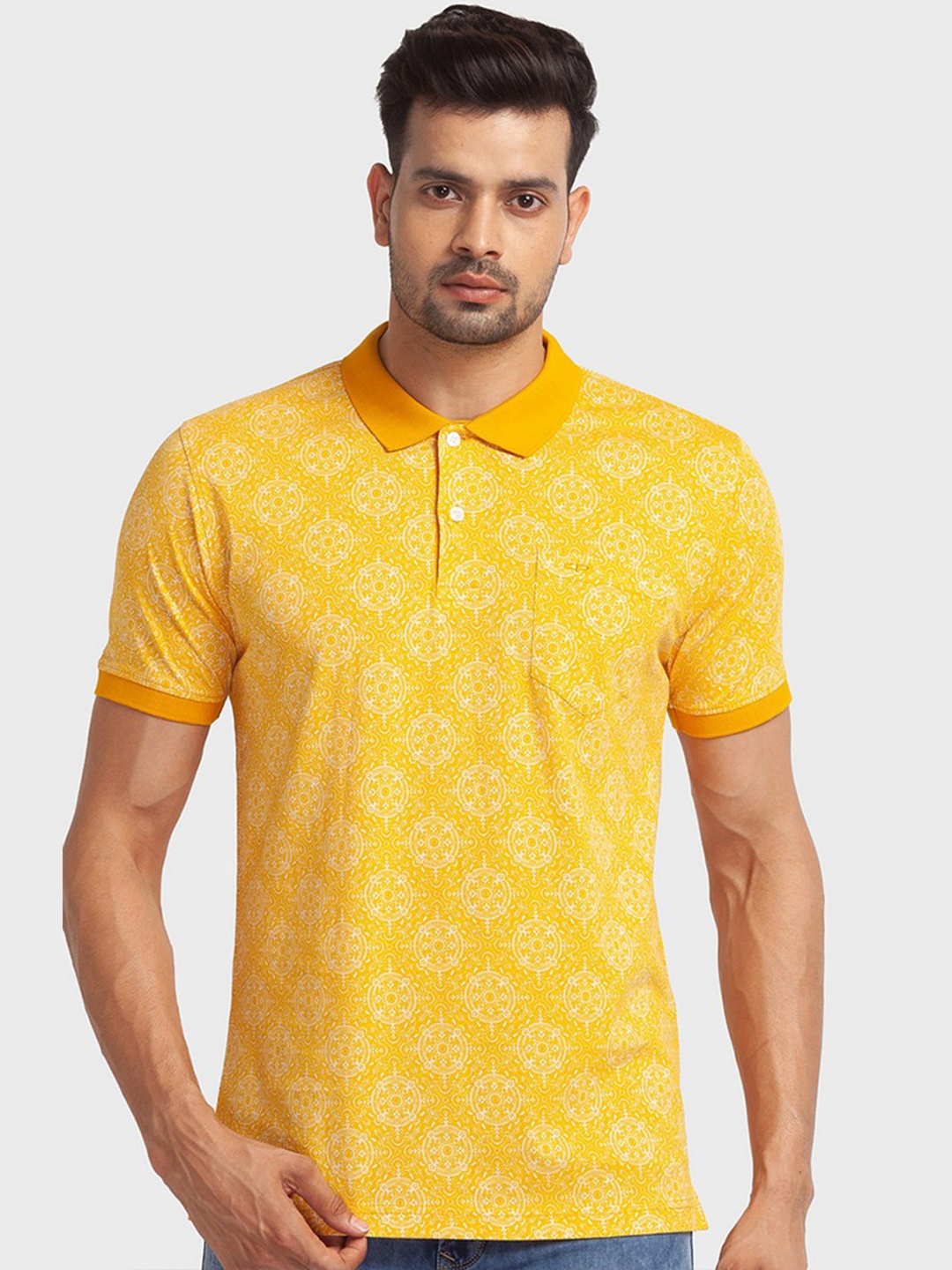 

ColorPlus Men Yellow Floral Printed Polo Collar Organic Cotton Slim Fit T-shirt