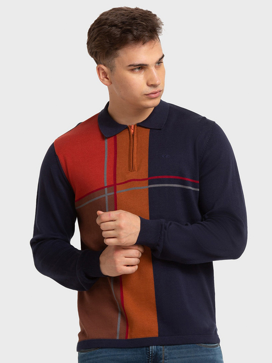 

ColorPlus Men Blue & Orange Colourblocked Polo Collar Organic Cotton Slim Fit T-shirt