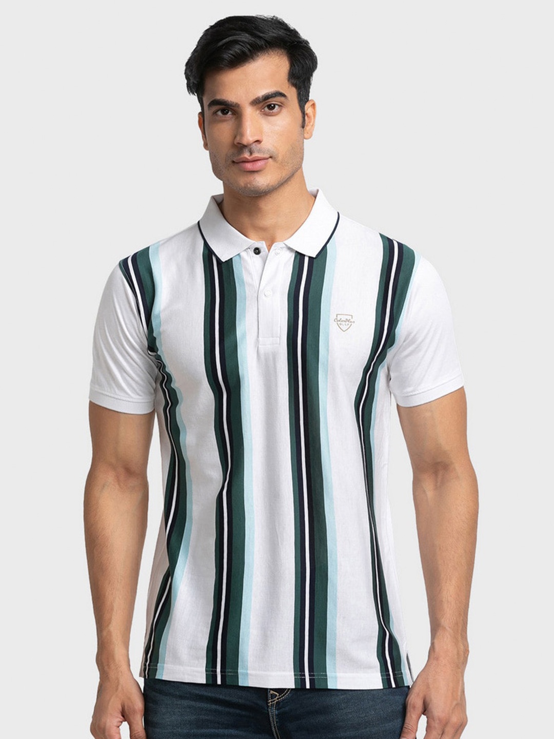 

ColorPlus Men White & Green Striped Polo Collar Organic Cotton Slim Fit T-shirt