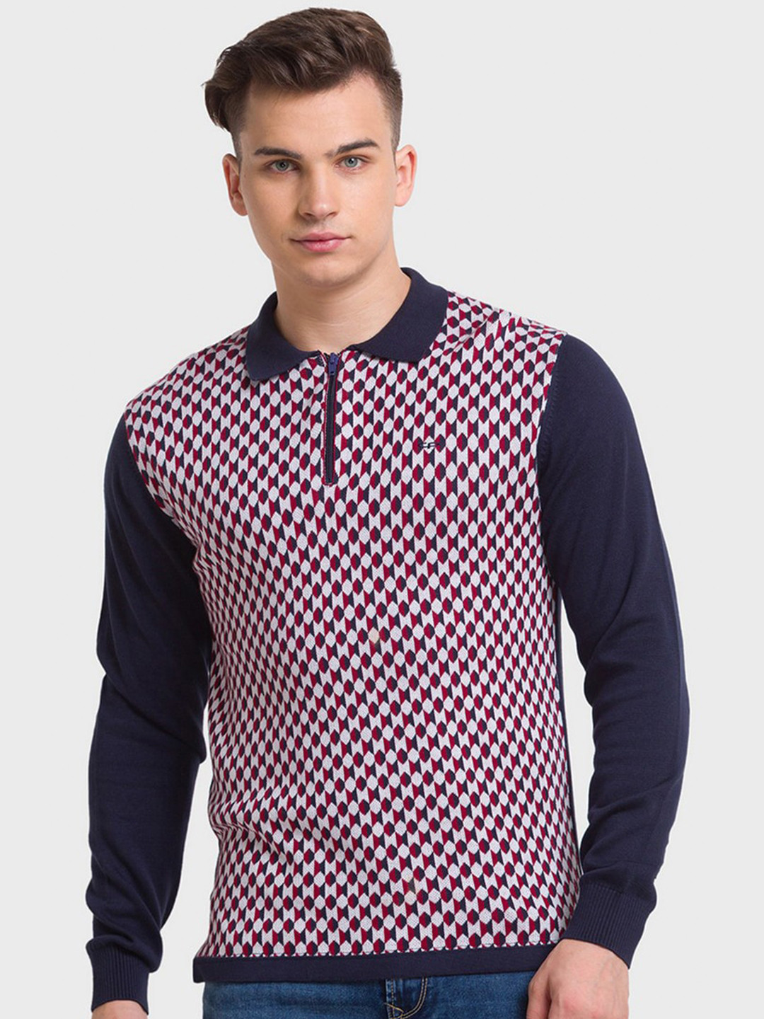 

ColorPlus Men Red Checked Henley Neck Organic Cotton Slim Fit T-shirt