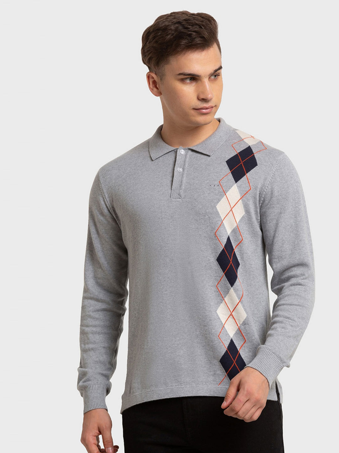 

ColorPlus Men Grey & White Printed Polo Collar Organic Cotton Slim Fit T-shirt
