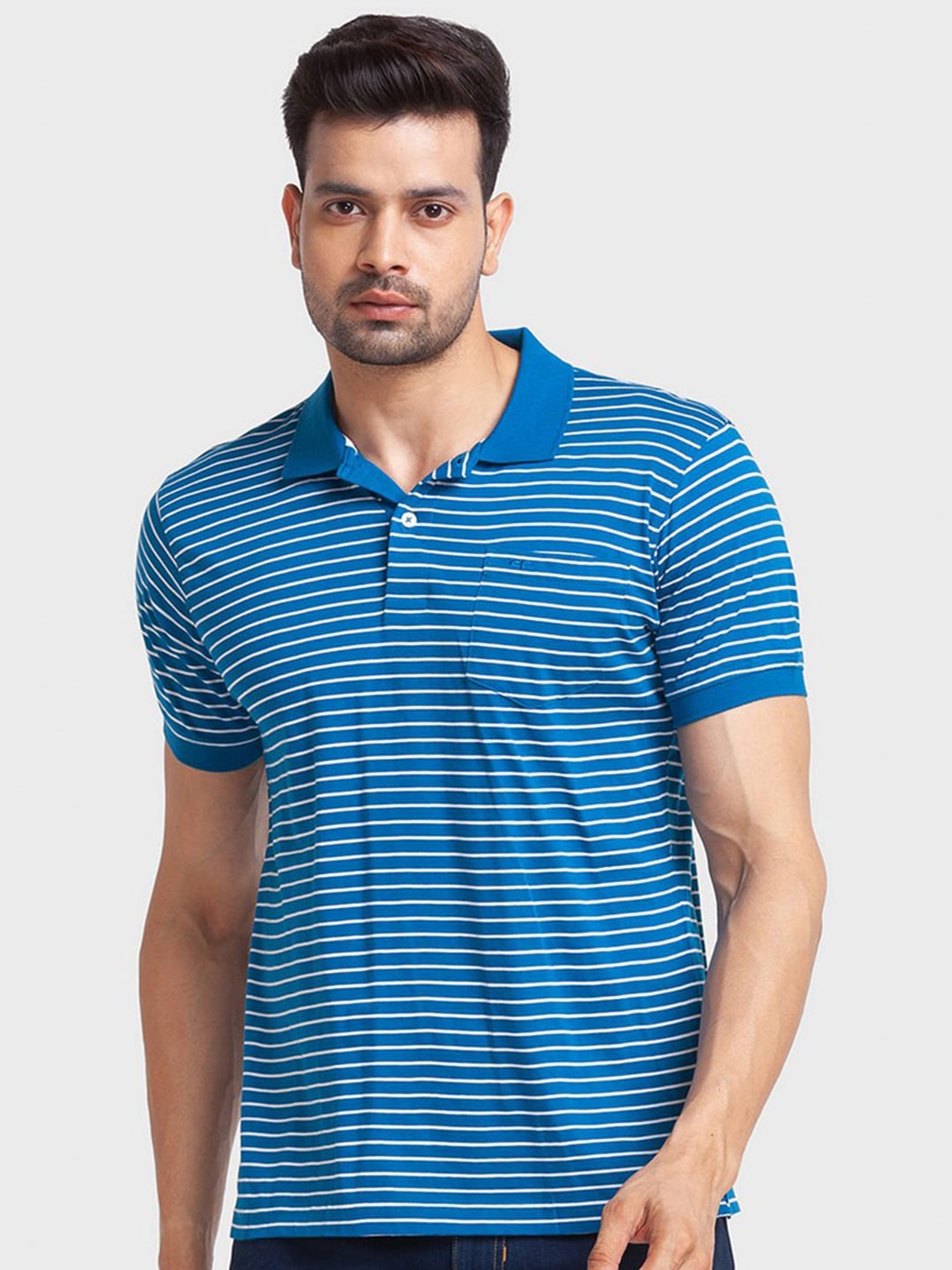 

ColorPlus Men Blue Striped Polo Collar Organic Cotton T-shirt