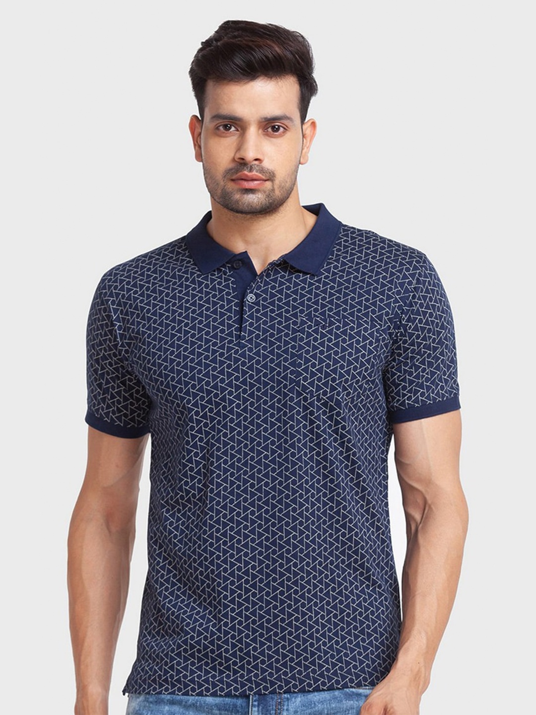 

ColorPlus Men Blue Printed Polo Collar Organic Cotton Slim Fit T-shirt