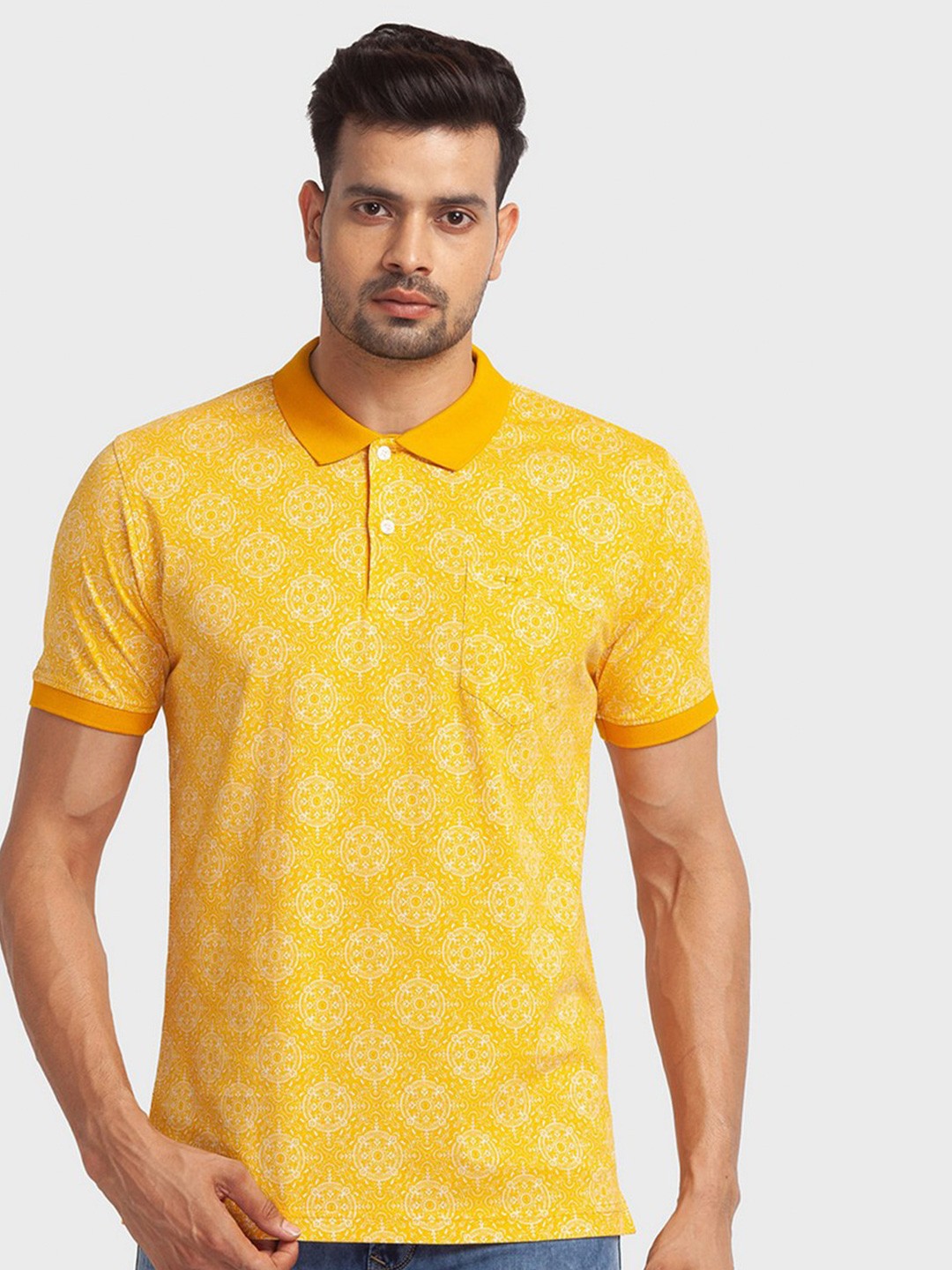 

ColorPlus Men Yellow Floral Printed Polo Collar Organic Cotton Slim Fit T-shirt