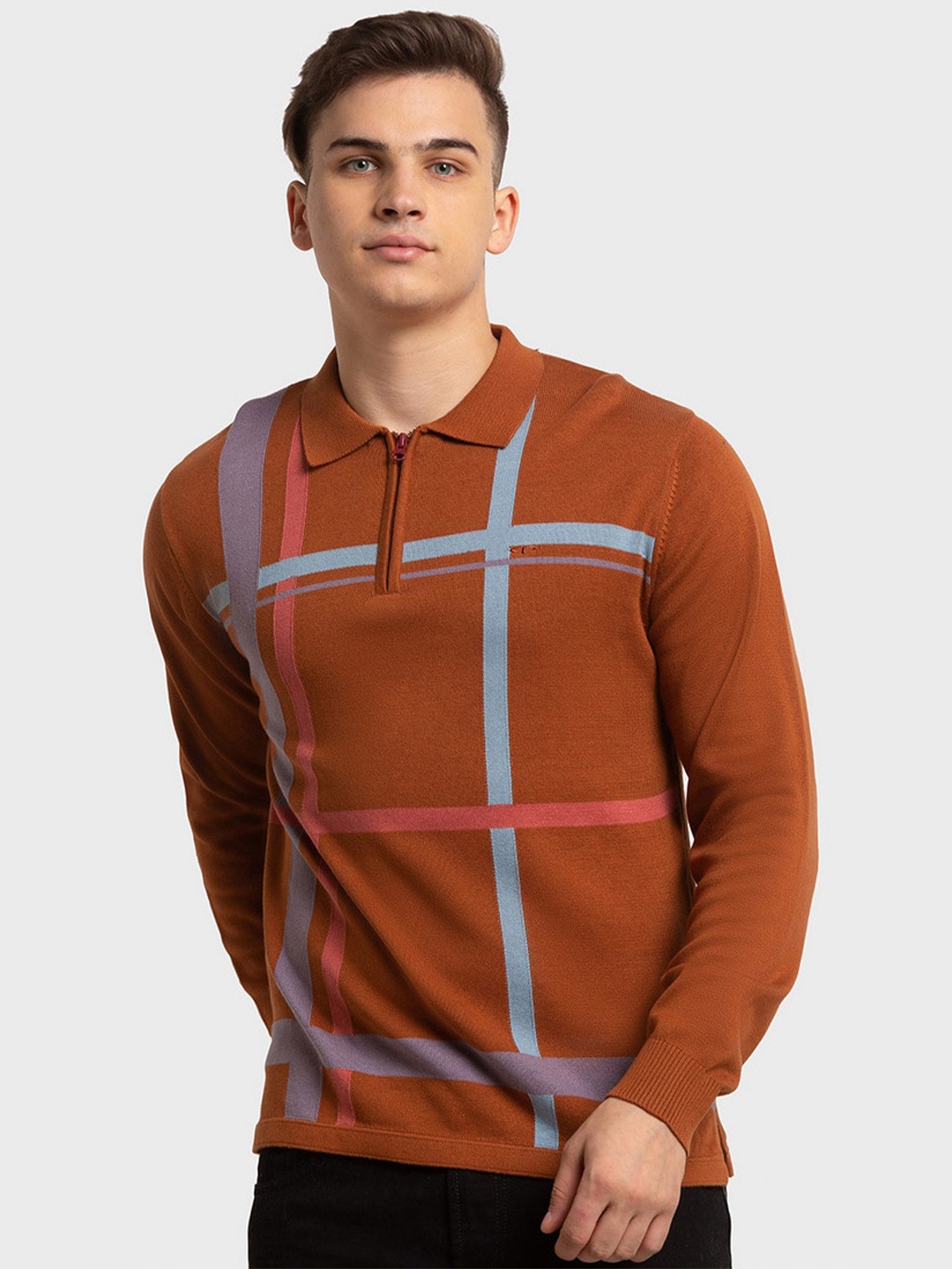 

ColorPlus Men Brown Striped Polo Collar Organic Cotton Slim Fit T-shirt
