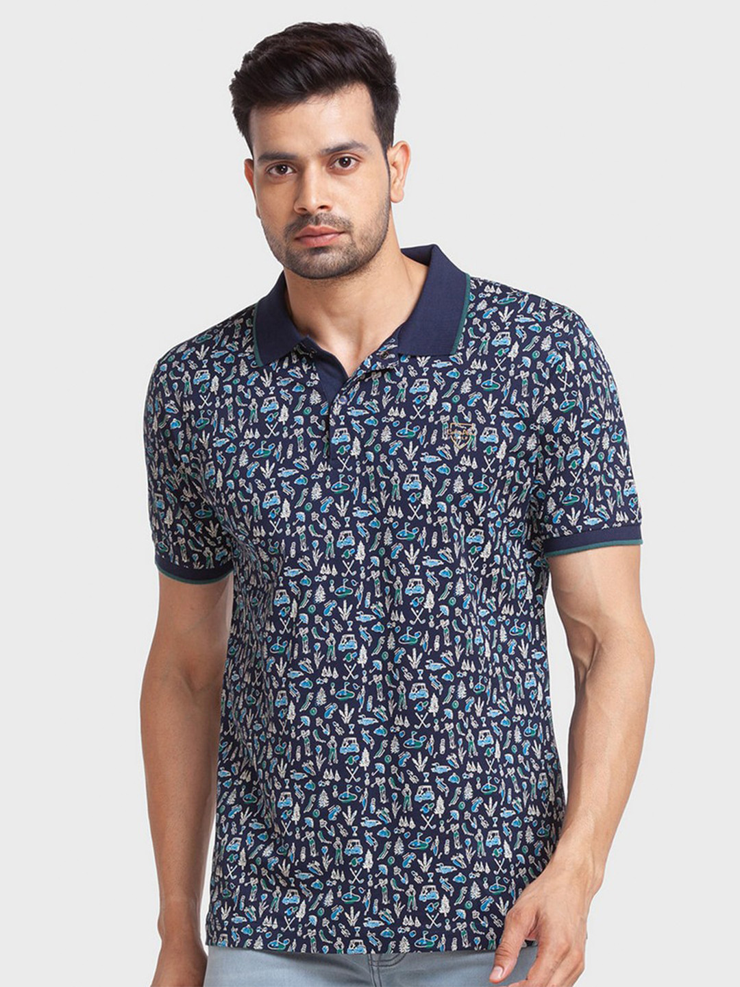 

ColorPlus Men Blue Printed Polo Collar Organic Cotton Slim Fit T-shirt