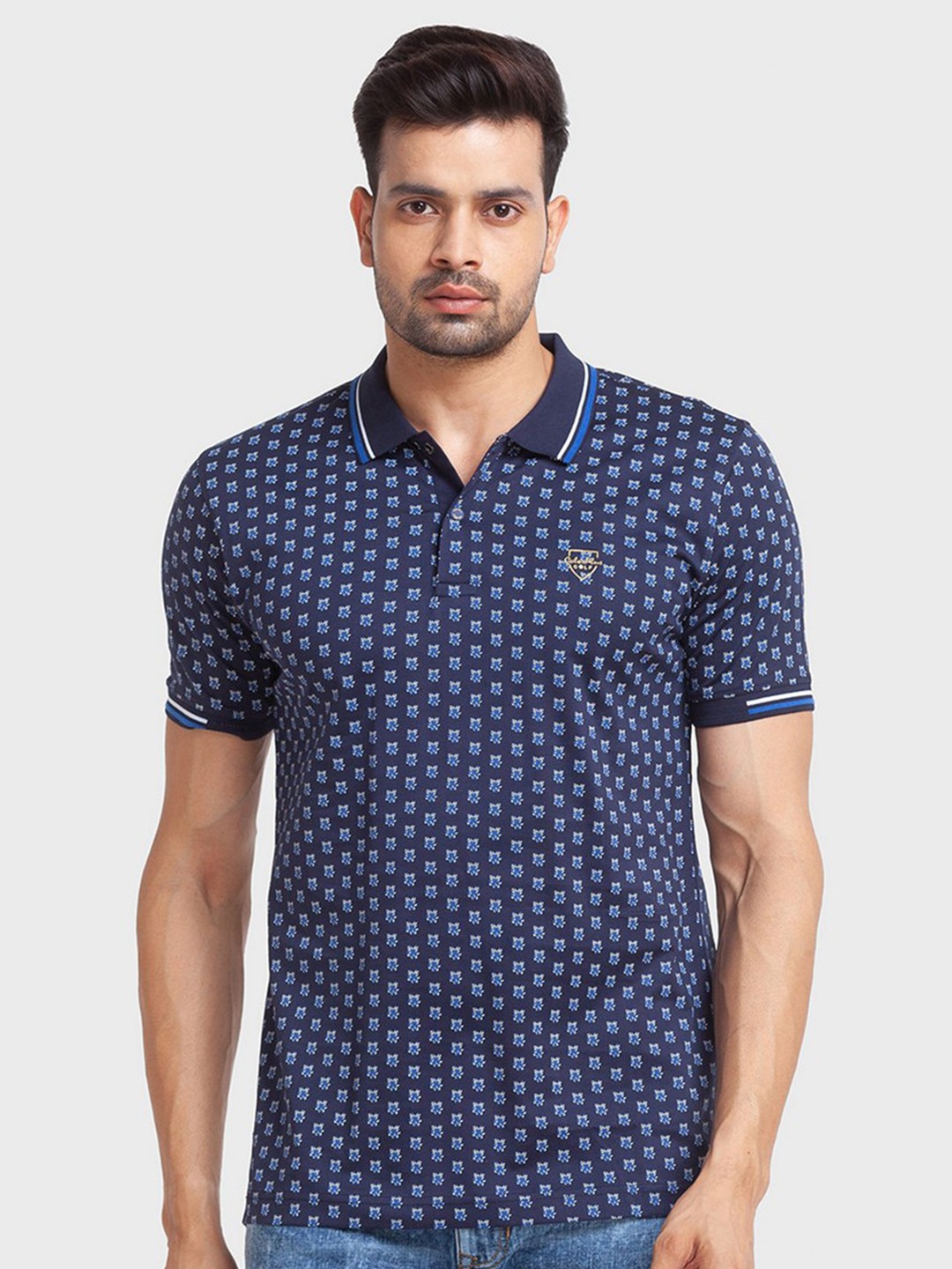 

ColorPlus Men Blue Printed Polo Collar Organic Cotton Slim Fit T-shirt