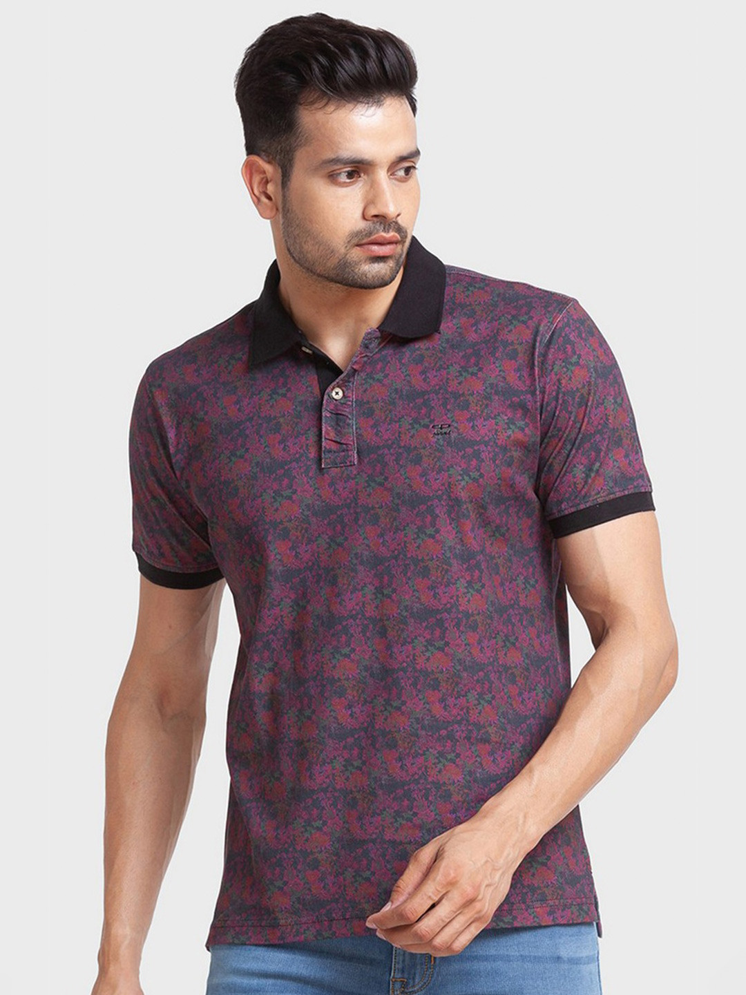

ColorPlus Men Black & Purple Polo Collar Organic Cotton Slim Fit T-shirt