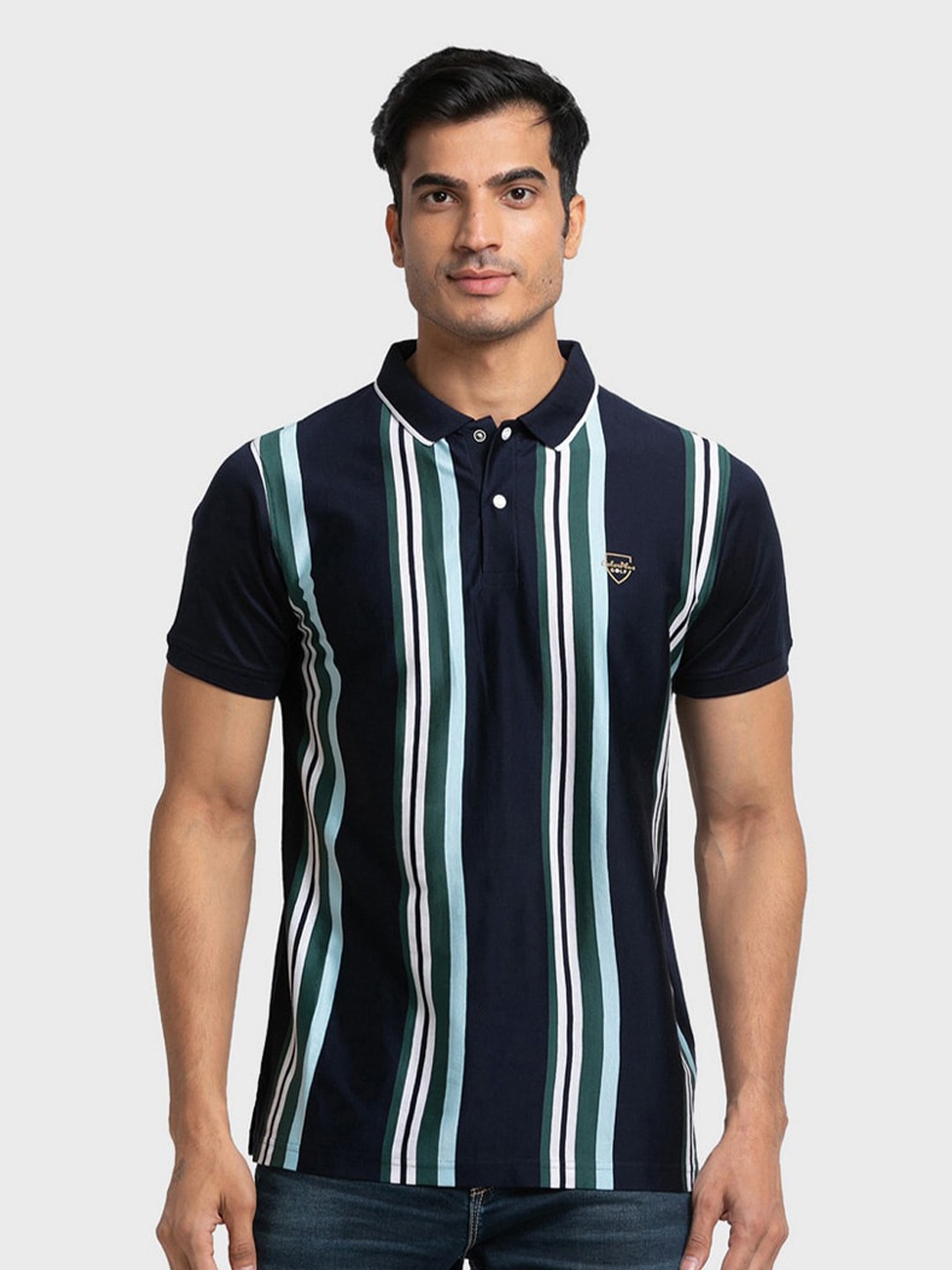 

ColorPlus Men Blue & White Striped Polo Collar Organic Cotton Slim Fit T-shirt